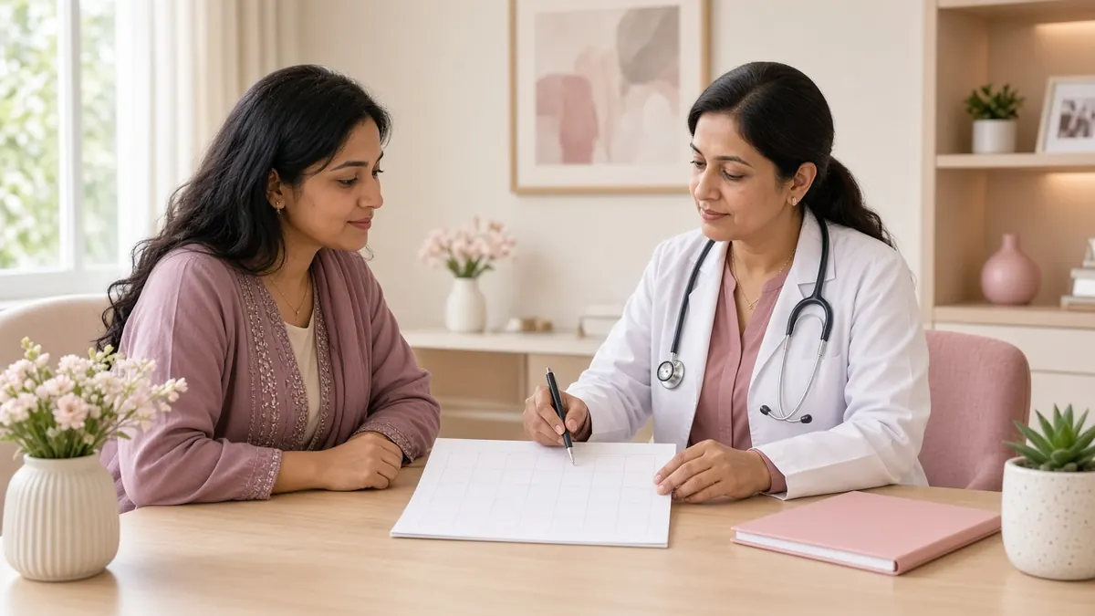 A woman reviewing a cycle calendar with a fertility doctor
