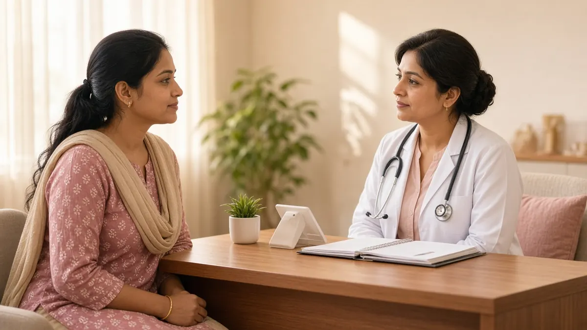 A woman speaking with a fertility doctor during a clinic visit
